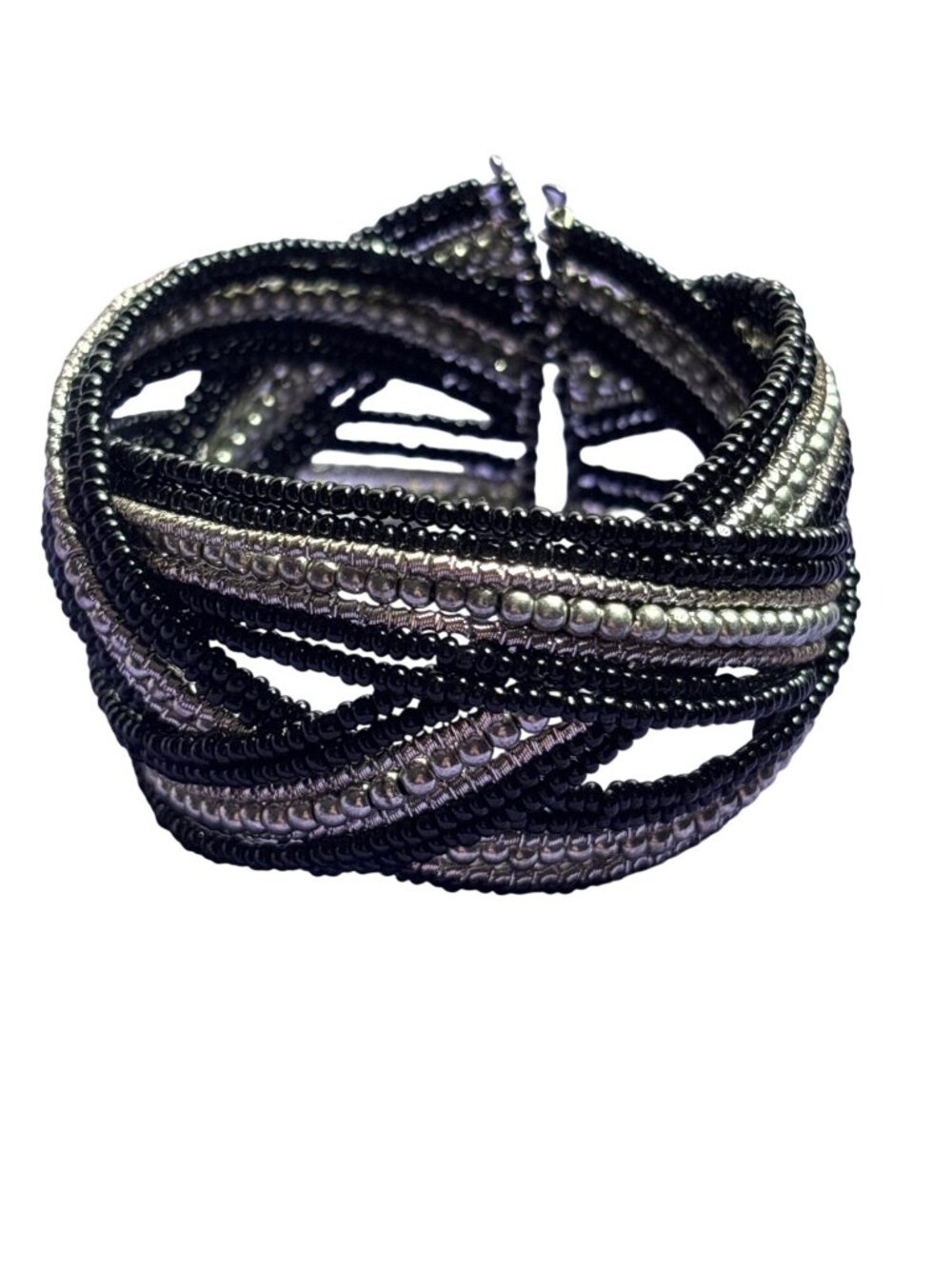 Beaded Woven Cuff Bracelet Black Silvertone